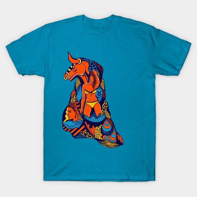 Orange Blue Her Taurus T-Shirt by kenallouis